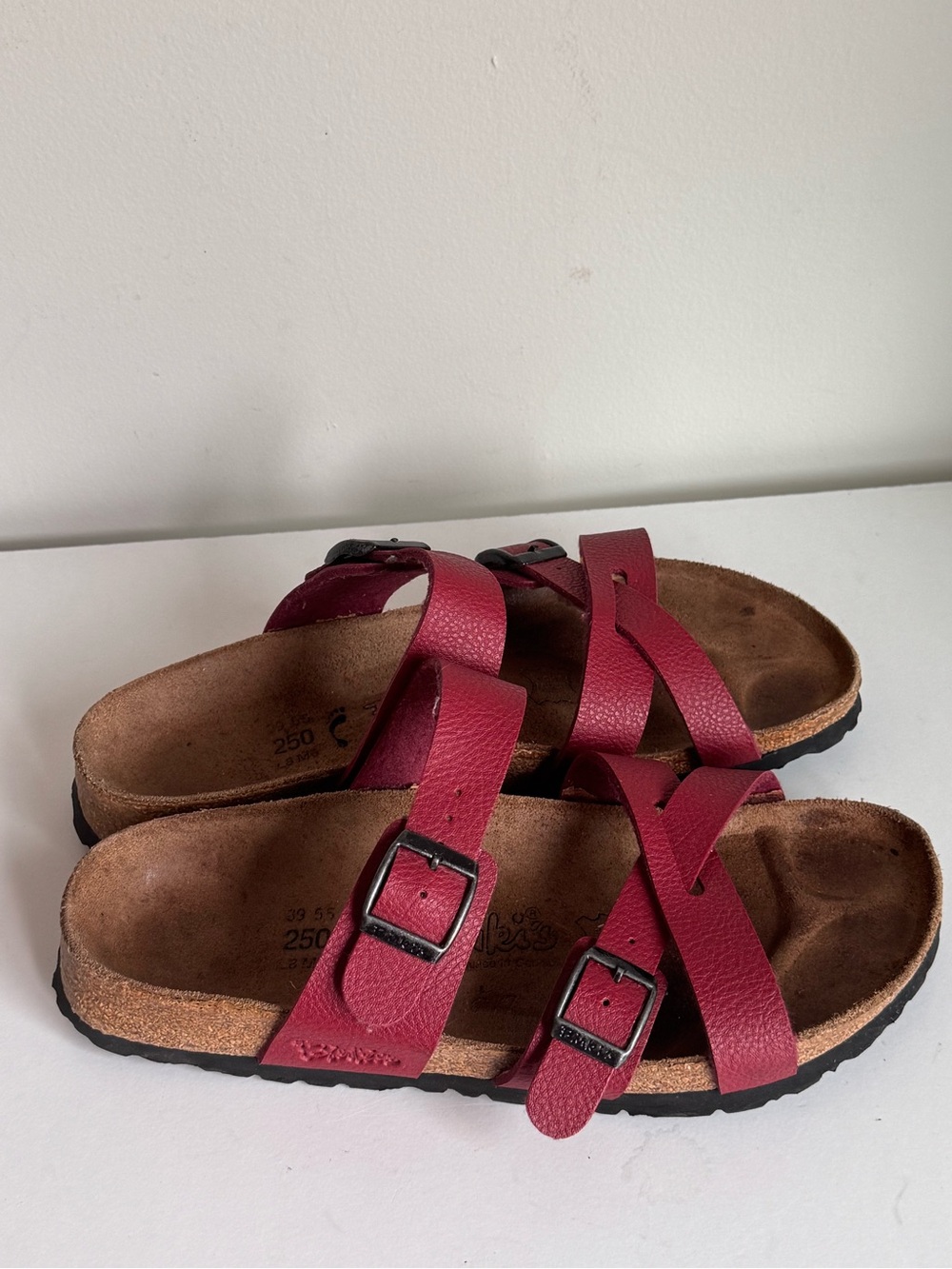 Birki’s Nepal Red Leather Dual Buckle Strap Cork Slide Sandals Unisex W8 M6 - Picture 3 of 8